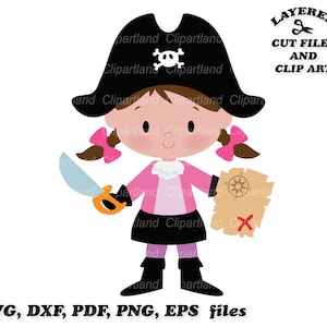 Descarga instantánea. Lindo dibujo animado pirata capitán chica svg archivo de corte. Uso personal y comercial. P_2.