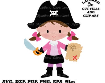 May include: A digital clipart image of a girl pirate wearing a black hat with a skull and crossbones, a pink shirt, black pants, and black boots. She is holding a sword in one hand and a treasure map in the other. The image is labeled "Layered Cut Files and Clip Art" and "SVG, DXF, PDF, PNG, EPS files".