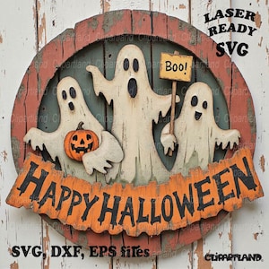 SOFORTIGER Download. Happy Halloween Türschild svg schneidedatei für Laser. Gespenst Türschild svg. Persönliche und kommerzielle Nutzung. G_3.