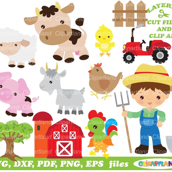 INSTANT Download. Cute farmer boy and farm animals cut files and clip art. Commercial license is included up to 500 uses! F_26.