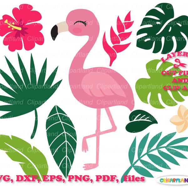 INSTANT Download. Flamingo. Tropical flowers and leaves svg cut file and clip art. Commercial license is included ! F_8.