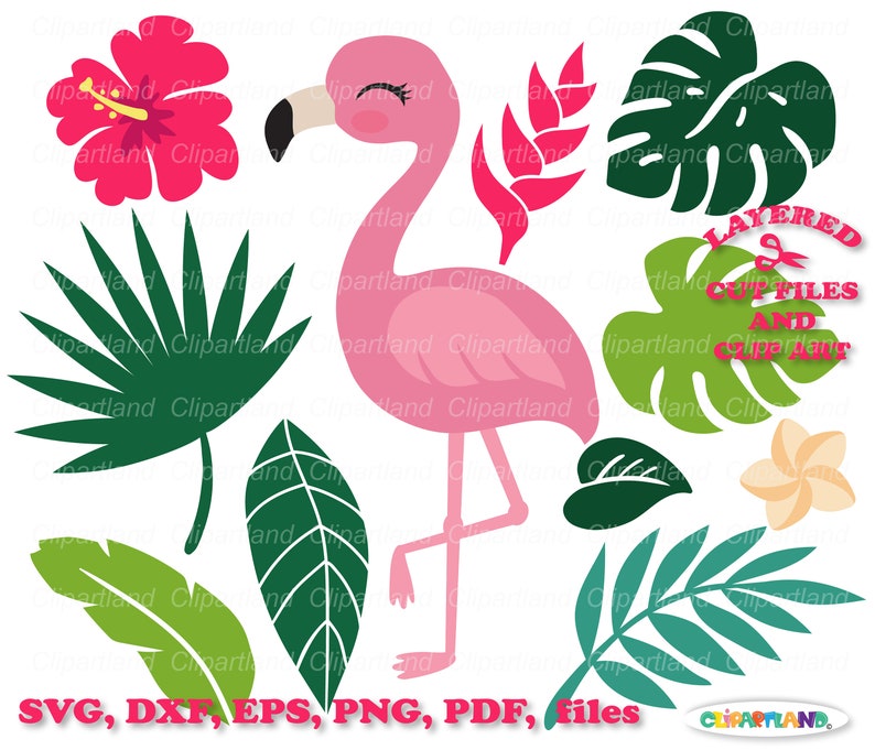 May include: A pink flamingo with closed eyes, a green tropical leaf, a pink flower, a green monstera leaf, a white flower, and a green leaf with a stem. The text "LAYERED CUT FILES AND CLIPART" is in the upper right corner of the image. The text "SVG, DXF, EPS, PNG, PDF, Files" is at the bottom of the image. The text "CLIPARTLAND" is in the lower right corner of the image.
