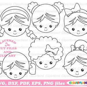Sofortdownload. Süßes Mädchengesicht SVG-Schnittdateien und ClipArt. Frisur. Kommerzielle Lizenz ist für bis zu 500 Nutzungen enthalten! Gfh_6_bw.