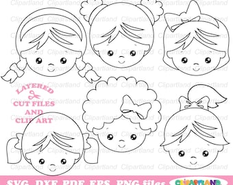 INSTANT Download. Cute girl face svg cut files and clip art. Hairstyle. Commercial license is included up to 500 uses! Gfh_6_bw.