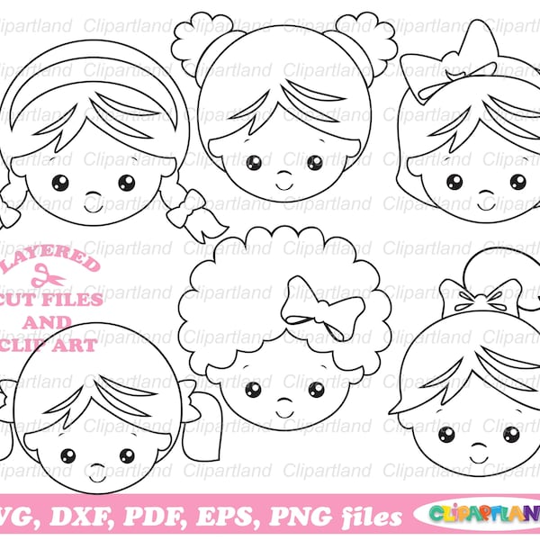 INSTANT Download. Cute girl face svg cut files and clip art. Hairstyle. Commercial license is included up to 500 uses! Gfh_6_bw.