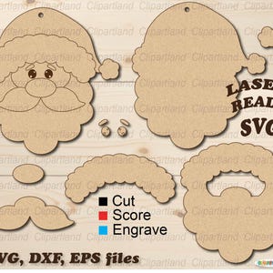 May include: A laser-cut SVG file design for a Santa Claus ornament. The design includes a Santa head, beard, mustache, and hat. The file is ready to be cut on a laser cutter. The image includes instructions for cutting, scoring, and engraving.