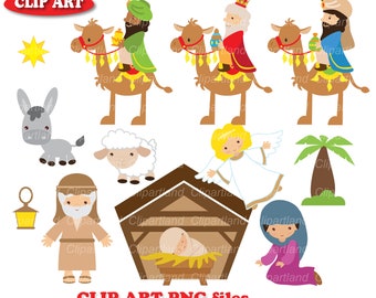 Könnte beinhalten: Ein Satz bunter Cartoon-Illustrationen, die die Weihnachtsgeschichte darstellen. Das Set enthält einen Esel, ein Schaf, einen Stern, eine Krippe mit einem Jesuskind, eine Palme, einen Engel, drei Könige, die auf Kamelen reiten, Josef und Maria.