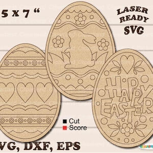 May include: Three laser-cut wooden Easter egg designs, each measuring 5 inches by 7 inches. The designs include a bunny rabbit, a heart with the words "Happy Easter", and a pattern of hearts and circles.