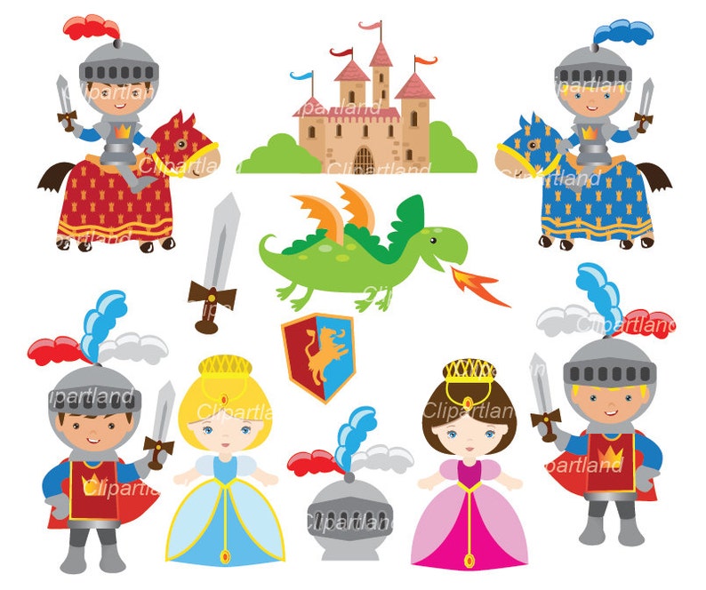 May include: A set of colorful cartoon illustrations featuring a green dragon, a castle, a knight on horseback, a princess, and a shield with a lion. The illustrations are perfect for a children's book or craft project.