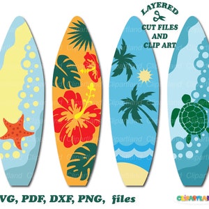 May include: Four layered digital cut files of surfboards with different designs. The surfboards are blue, yellow, and orange with a variety of designs including a starfish, hibiscus flowers, palm trees, and a sea turtle. The text "LAYERED CUT FILES AND CLIP ART" is at the top of the image. The text "SVG, PDF, DXF, PNG, files" is at the bottom of the image.