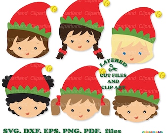 Puede incluir: Seis ilustraciones digitales de caras de duendes con gorros de duende rojos y verdes. Las caras de duendes tienen diferentes colores y estilos de cabello. Las ilustraciones están en capas y listas para cortar y usar en proyectos de manualidades.