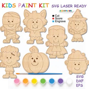 May include: A kids paint kit featuring seven wooden Halloween-themed cutouts including a mummy, werewolf, vampire, witch, Frankenstein monster, pumpkin, and cauldron. Includes a blue paintbrush and seven small paint pots in various colours.