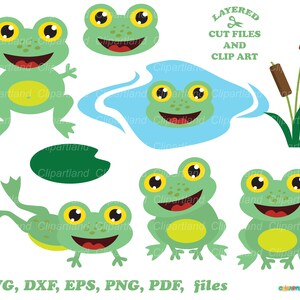 May include: A set of layered cut files and clip art featuring green frogs in various poses. The set includes a frog sitting on a lily pad, a frog swimming in a pond, a frog jumping, and a frog with its tongue out. The set also includes a set of cattails.