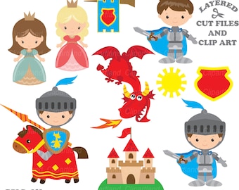 Pode incluir: Um conjunto de arquivos de corte em camadas e clipart com uma princesa, um cavaleiro, um dragão, um castelo e um escudo. As imagens são em estilo de desenho animado e são perfeitas para projetos de artesanato.