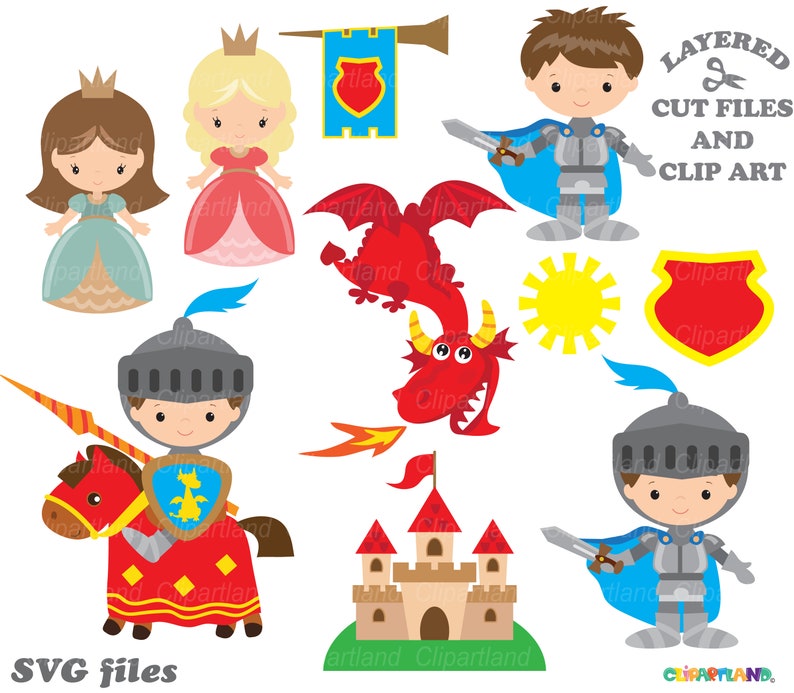 May include: A set of layered cut files and clip art featuring a princess, a knight, a dragon, a castle, and a shield. The images are in a cartoon style and are perfect for crafting projects.
