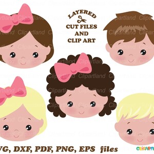 DIRECT downloaden. Schattige kinderen. Gezichten svg bestand knippen en illustraties. Persoonlijk en commercieel gebruik. F_1.
