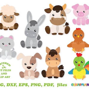Téléchargement instantané. Une licence commerciale est incluse jusqu'à 500 utilisations ! Svg de bébé animal de ferme assis mignon fichier coupé et clipart. F_25.