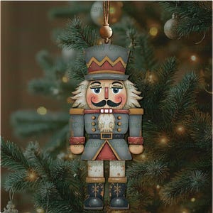 May include: A wooden Christmas ornament in the shape of a nutcracker soldier. The ornament has a gray coat, a red and gold hat, and a white mustache. It is hanging from a brown string on a Christmas tree.