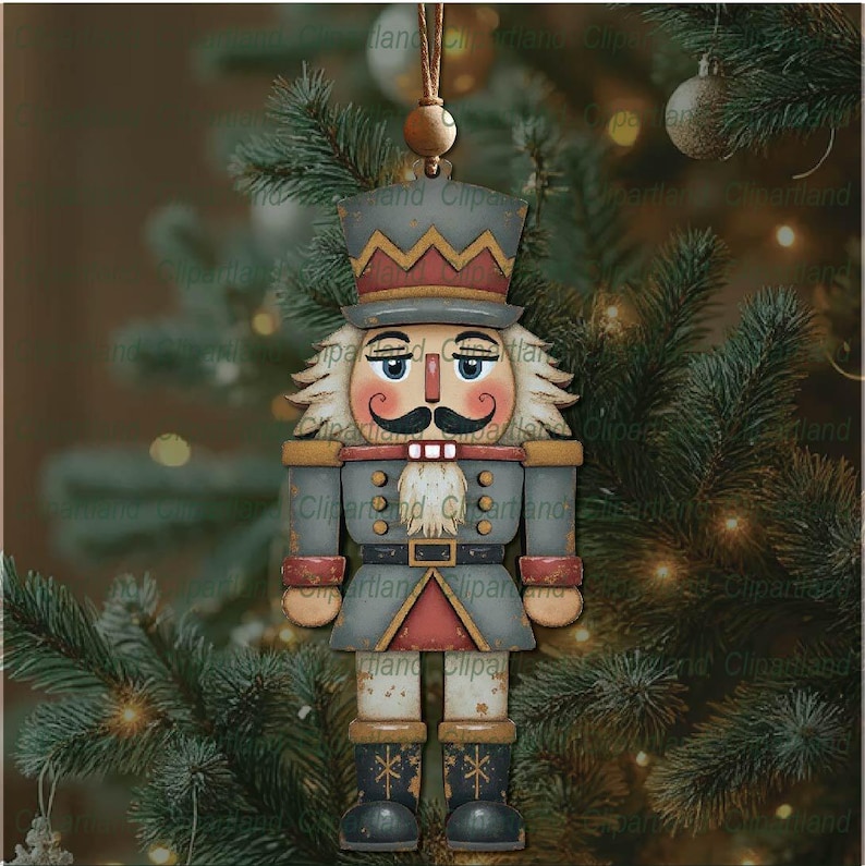 May include: A wooden Christmas ornament in the shape of a nutcracker soldier. The ornament has a gray coat, a red and gold hat, and a white mustache. It is hanging from a brown string on a Christmas tree.