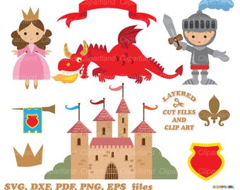Pode incluir: Um conjunto de imagens clipart digitais que incluem uma princesa, um cavaleiro, um dragão, um castelo e outros elementos de conto de fadas. As imagens são de estilo cartoon e são perfeitas para projetos de artesanato, scrapbooking e muito mais.