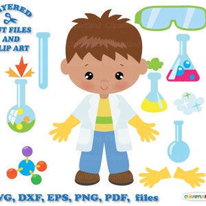 即時ダウンロード。化学バンドル。かわいい男の子の化学者の SVG カット ファイルとクリップ アート。個人および商用利用。C_1。