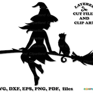 Directe download. Mooie Halloween vliegende heks silhouet SVG gesneden bestand en illustraties. Persoonlijk en commercieel gebruik. W_ 28.