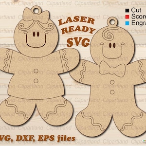 Pode incluir: Dois arquivos de corte SVG de pessoas de gengibre, um masculino e um feminino, com gravata borboleta e laço, prontos para serem cortados em uma cortadora a laser. O texto "LASER READY SVG" está na parte superior da imagem.