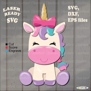 May include: A colorful unicorn design with a pink bow, horn, and mane. The image includes text that says "LASER READY SVG, DXF, EPS files". The design is suitable for cutting, scoring, and engraving.