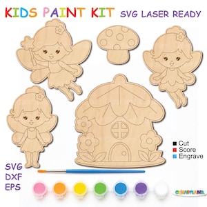 Könnte beinhalten: Ein Malset für Kinder mit laserfertigen Holzausschnitten von drei Feen, einem Pilz und einem Haus mit Blumen. Das Set enthält einen Pinsel und sieben kleine Farbtöpfe. Der Text lautet KIDS PAINT KIT SVG LASER READY, SVG, DXF, EPS.