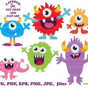 May include: A collection of colorful cartoon monsters in various shapes and sizes. The monsters are in shades of blue, red, orange, green, pink, and purple, with one eye, horns, and open mouths. Text includes "LAYERED CUT FILES AND CLIP ART" and file types.