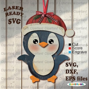 Descarga INSTANTÁNEA. Archivo de corte SVG de pingüino de adorno navideño para láser. P_2.