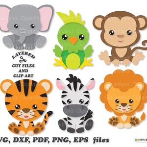 Può includere: Un set di file di taglio sovrapposti e clipart con simpatici animali dei cartoni animati, tra cui una zebra, un leone, una tigre, una scimmia, un elefante e un pappagallo. Tutti gli animali sono seduti e hanno occhi grandi e sorrisi. I file sono disponibili nei formati SVG, DXF, PDF, PNG ed EPS.