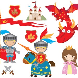 Può includere: Un set di illustrazioni di cartoni animati colorati con un cavaliere, una principessa, un drago, un castello e uno scudo. Il cavaliere indossa un'armatura e tiene una spada. La principessa indossa un vestito rosa e una corona. Il drago è rosso e ha le ali. Il castello è bianco con un tetto rosso. Lo scudo è giallo con un castello rosso su di esso.