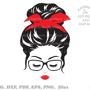 Téléchargement instantané. Jolie femme visage svg. Chignon désordonné svg. Bandanas svg. Wf_6. Utilisation personnelle et commerciale.