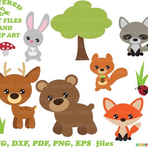 May include: A collection of cartoon woodland animals and elements, including a rabbit, deer, bear, squirrel, fox, raccoon, tree, mushroom, and ladybug. Text at the top reads "LAYERED CUT FILES AND CLIP ART". Below, the text reads "SVG, DXF, PDF, PNG, EPS files".