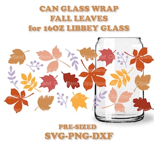 Téléchargement instantané. Feuilles d'automne, modèle d'emballage en verre de Libbey, svg, png, dxf. Prédimensionné pour le verre Libbey 16 oz. Fl_4.