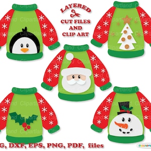 Puede incluir: Cinco diseños diferentes de suéteres navideños en rojo y verde. Los suéteres presentan un pingüino, Santa Claus, un árbol de Navidad, acebo y un muñeco de nieve.
