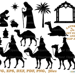 Puede incluir: Imágenes de siluetas negras de una escena de la natividad, que incluyen figuras, camellos, una estrella y una palmera. La imagen incluye texto que dice "LAYERED CUT FILES AND CLIP ART" y "SVG, EPS, DXF, PDF, PNG, files."