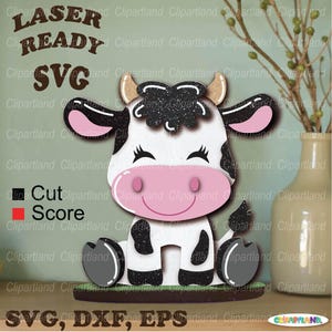 即時ダウンロード。レーザーカット用のかわいい座り牛。レーザー用に構築可能な牛の SVG カット ファイル。C_20。