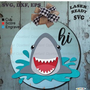 Descarga instantánea. Letrero de puerta "Feliz verano con tiburón" para corte láser. Letrero para puerta. Glowforge, archivo láser CNC SVG. S_4.