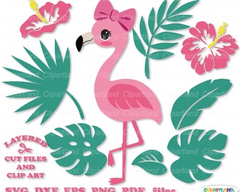 Cute Flamingo Clipart: Tropical Flowers and Leaves (SVG, PDF, PNG)