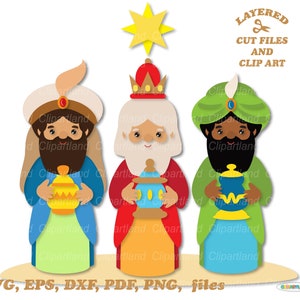 Descarga instantánea. Lindos Reyes Magos de Navidad svg, archivos de corte dxf y imágenes prediseñadas. W_1.