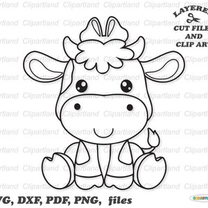 Descarga instantánea. Lindo contorno de vaca bebé sentado archivos de corte svg y imágenes prediseñadas. Uso personal y comercial.C_16.
