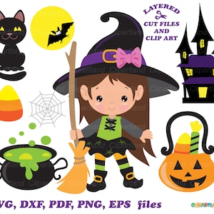 May include: A set of Halloween clip art illustrations. It includes a witch with a broom, a black cat, a pumpkin, a cauldron, a bat, and a haunted house. The image includes the text "LAYERED CUT FILES AND CLIP ART" and file type information.
