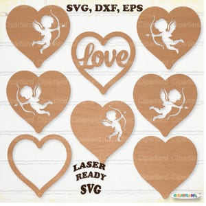 Peut inclure: Plusieurs formes de cœur en bois découpées au laser, certaines avec des figures de Cupidon, d'autres avec le mot "Love" ou un contour de cœur. Le texte "SVG, DXF, EPS" et "LASER READY SVG" sont également visibles.