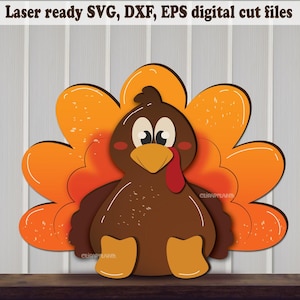 May include: A digital graphic of a brown turkey with a yellow beak, red wattle, and orange tail feathers. The text at the top reads Laser ready SVG, DXF, EPS digital cut files. The turkey has large white eyes and yellow feet on a white background.