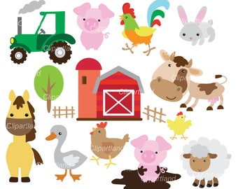 May include: A set of cartoon farm animal illustrations, including a red barn, a green tractor, a brown horse, a pink pig, a gray goose, a brown chicken, a yellow chick, a gray rabbit, a brown cow, a white sheep, and a rooster with a red comb and green tail feathers.