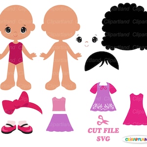 Op de afbeelding: Digitale poppenonderdelen met twee poppenfiguren, kapsels, jurken, schoenen en een strik in roze, paars en zwart. De afbeelding bevat de tekst "CUT FILE SVG". Geschikt voor digitale knutselprojecten.