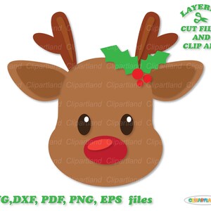 Directe download. Leuke kerst baby rendieren gezicht SVG, DXF gesneden bestanden en illustraties. R_12.