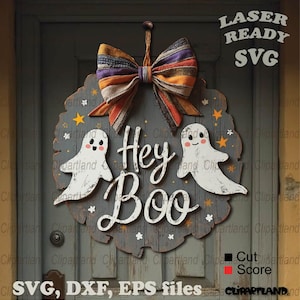 May include: A wooden Halloween door hanger with a gray background and the text "Hey Boo" in white. Two white ghosts with black eyes and smiles are on either side of the text. A multi-colored bow is at the top of the hanger.